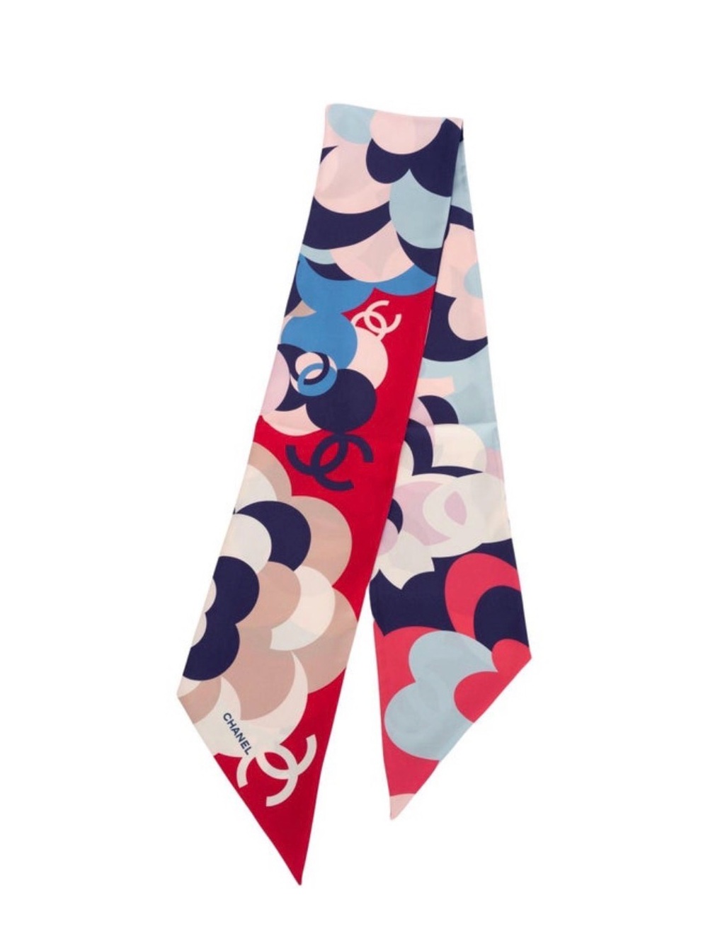 Authentic Chanel  Blue Red Flower Maxi Twilly, Necktie or purse Scarf Silk